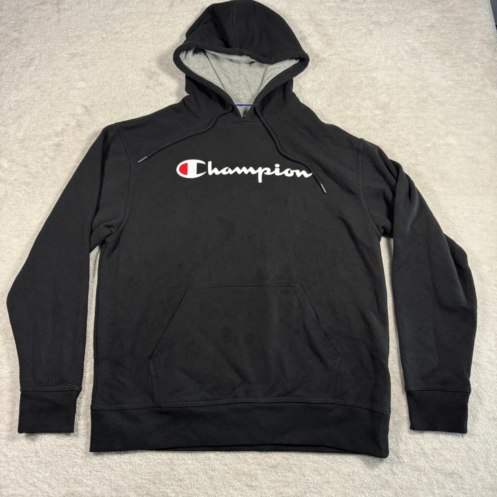 Champion Hoodie Mens Large Black Script Logo Pullover GF89H BKC Fleece Pocket